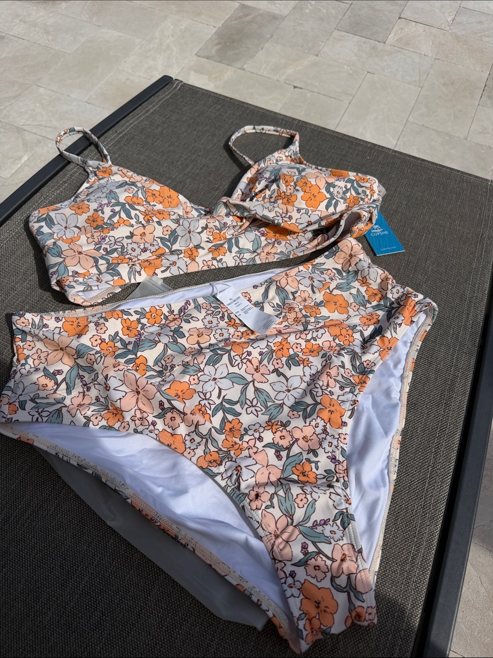 Cupshe Floral Bikini Set - White with Orange and Blue Flowers